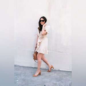 WAYF Polka Dot Wrap Linen Blend Day Dress Beige Cream XS